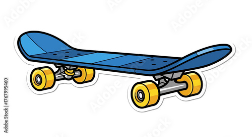 A striking illustration of a blue skateboard with bright yellow wheels set against a white