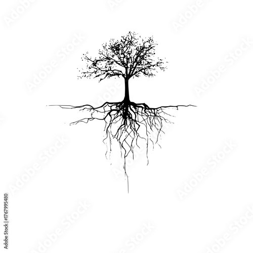 Silhouette of a tree with intricate roots and branches isolated on white background is shown here