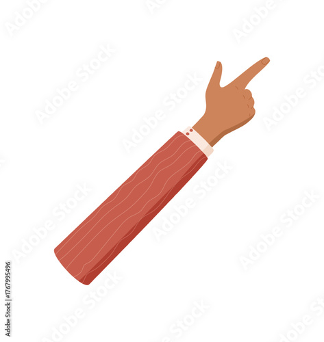 Flat cartoon hand gesture. Black skin tone hand shows number two with raised thumb and index fingers. Arm in red sleeve creates finger pointing sign to count or indicate, isolated vector style graphic
