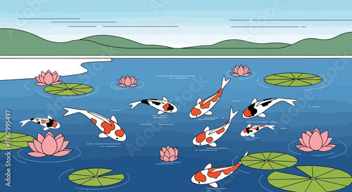 Serene koi pond illustration with aquatic life and tranquil landscape backdrop with pastel tones