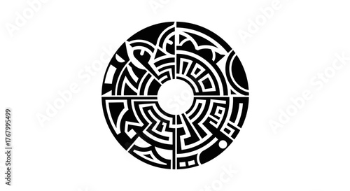 Abstract circular emblem with geometric labyrinth and tribal pattern illustration