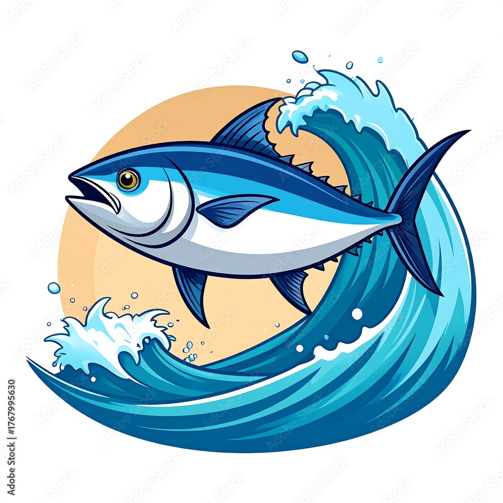 Obraz premium Cartoon illustration of a tuna leaping through a crashing wave