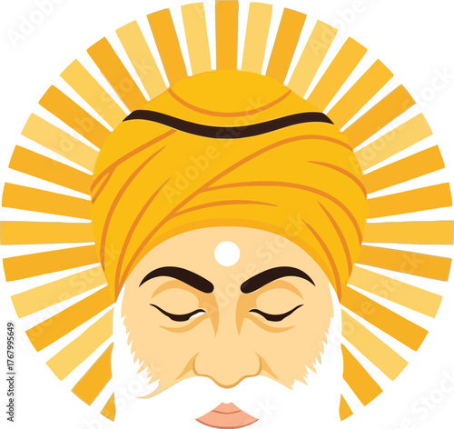 Stylized illustration of a wise old man with a yellow turban and radiating halo isolated on transparent background