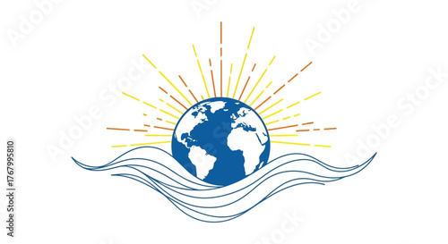 Global harmony illustration with sun rays and wave, presenting the earth's environment and