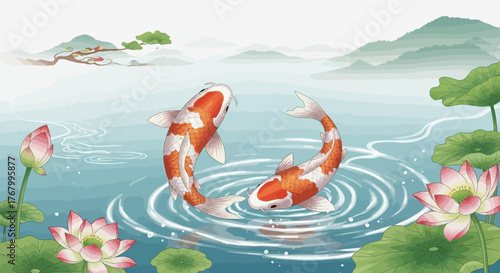 Elegance in Motion: Koi Carp Amidst Lotus Flowers in a Tranquil Watercolour Landscape