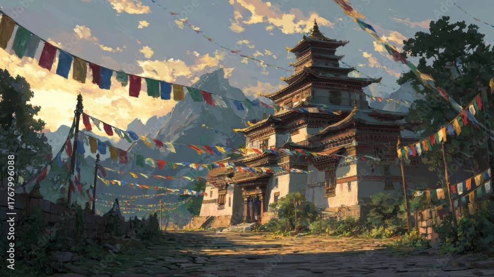 Fototapeta premium Serene Mountain Temple Surrounded by Colorful Prayer Flags at Sunset