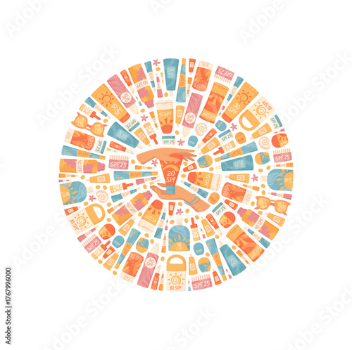 Flat style sunscreen collection in circle shape. Spf sunblock bottle, tube, cream, lotion, and container for summer care. Banner design concept for sun protection and cosmetic product presentation,