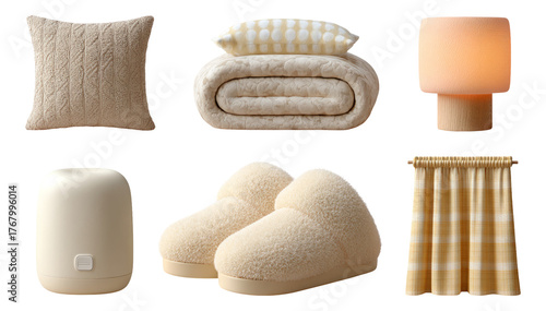 Cozy Home Decor Elements with Soft Textures and Warm Colors on Transparent Background