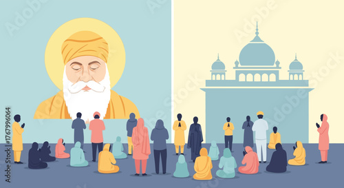 Sikh devotees gather before a large portrait of guru nanak and a gurdwara temple isolated on transparent background