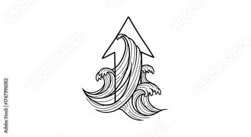 Upward trajectory of ocean waves combined with arrow emblem creates powerful symbol