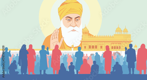 Illustration of guru nanak dev ji with devotees and the golden temple amritsar isolated on transparent background