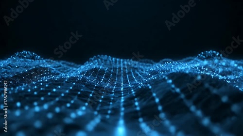 Abstract Blue Particle Wave Background with Connecting Dots and Lines, Digital Network Technology Concept.