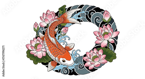 Koi fish with lotus blossoms and japanese water background forming a circular frame