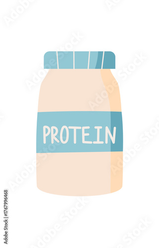 Flat minimal sticker of protein powder can. Gym and sport equipment for workout and bodybuilding with focus on health diet. Protein symbol for energy wellness lifestyle.