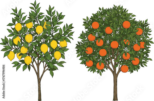 Vector illustration of lemon tree with yellow fruits beside orange tree with round oranges, citrus garden seasonal comparison for botanical design