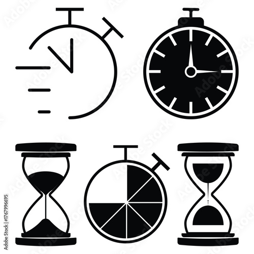 Stopwatch vector icons, hourglass symbols, timer design, countdown graphics, speed concept, time passing, clock silhouette, urgency sign, deadline icon, fast. Vector illustration, eps 10.