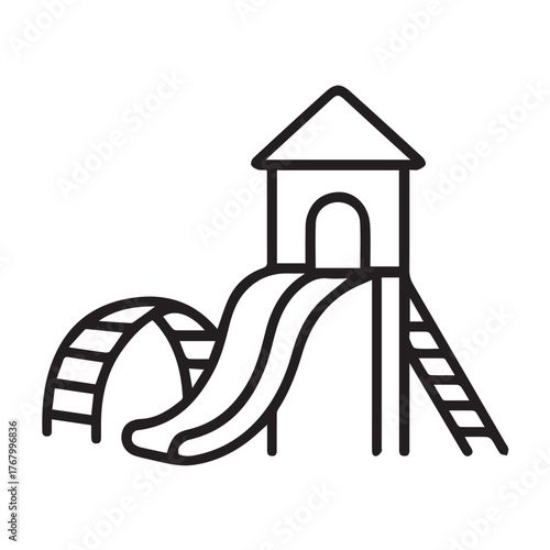 Simple black and white vector of a playground slide for children, featuring a clean minimalist design that captures joyful outdoor playtime and carefree childhood moments.