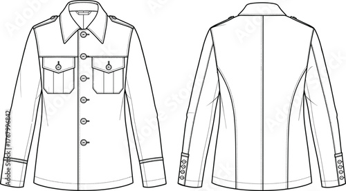 Technical fashion flat sketch of long sleeve button-up jacket with epaulets, chest pockets, cuffs, front and back views