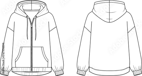 Technical fashion sketch of hooded zip-up sweatshirt front and back view with drawstring, kangaroo pocket, ribbed cuffs, vector illustration