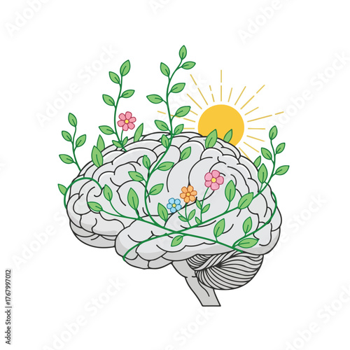 Illustration of human brain with growing plants and flowers symbolizing growth and knowledge