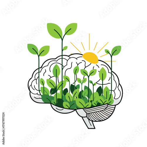 Brain Growth Green Plants Sunshine Healthy Mind Organic Thinking Concept Illustration