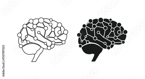 Outline and filled icons of a human brain with interconnected nodes, representing neural networks and cognition