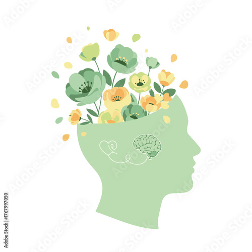 Blooming mind illustration of head with flowers and brain concept for mental wellness and creativity