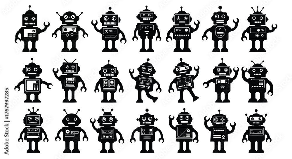 Naklejka premium Group of 21 cartoon robot characters in various poses and styles