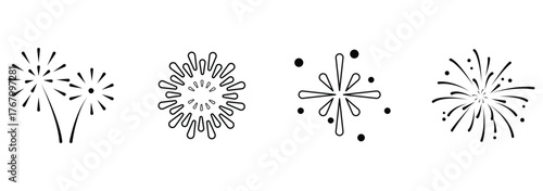 Firework new year set. Doodle firework sparkles for New Year celebration, golden burst and festive elements for birthday or party decor. Hand drawn style for a firework themed. Vector graphics. eps 10