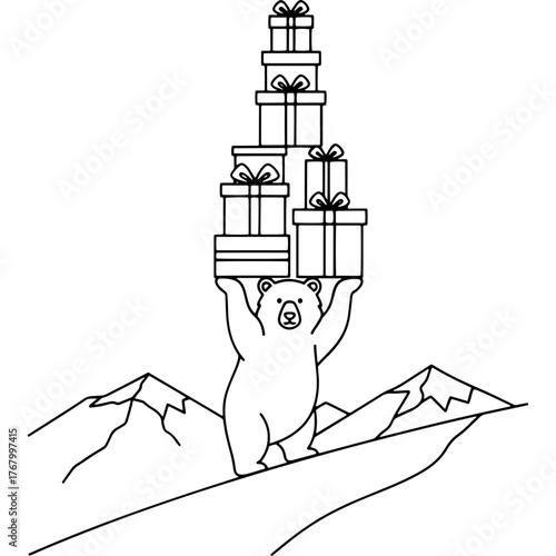 Cute cartoon polar bear holding a big stack of presents. Arctic animal delivering Christmas presents in the mountains. Fun illustration for the holiday season. Black and white vector line art.