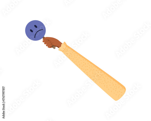 Flat hand hold circle with bad feedback symbol. Animated arm display customer opinion and client satisfaction. Isolated element for review, survey, or business rating.
