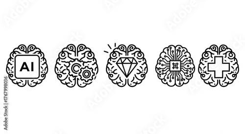 Set of artificial intelligence brain icons representing different concepts