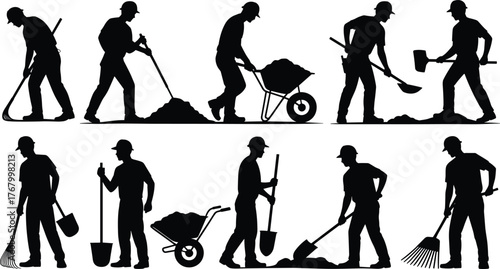 Construction workers silhouettes, manual labor, shovel, rake, wheelbarrow, pickaxe, digging, infrastructure, teamwork, industrial workforce, job site, tools, effort, strength, outdoor work,