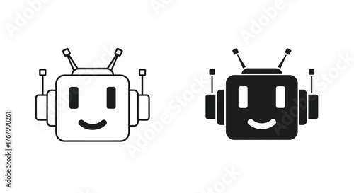 Two icons of a robot face with antennas and headphones, one in outline and one in solid black
