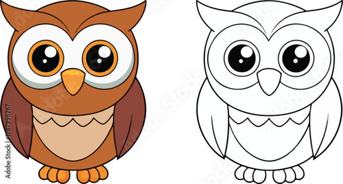 Adorable cartoon owl mascot illustration with coloring book page line art isolated on white background