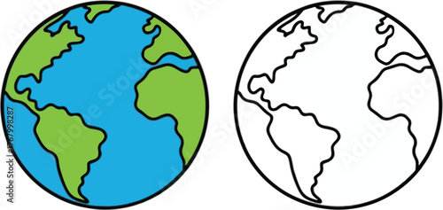 Simple Earth globe icon vector set colored and outline drawing for education and web design