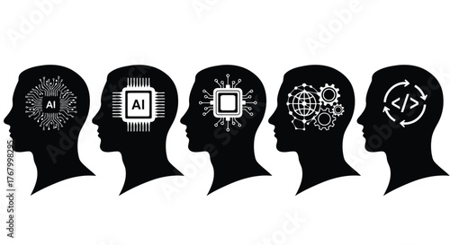 Evolution of artificial intelligence in human head silhouettes, from early concepts to modern ai and coding