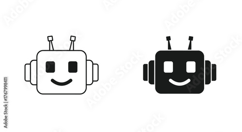 Two simple robot head icons, one outlined and one solid black, with antennas and a smiling face