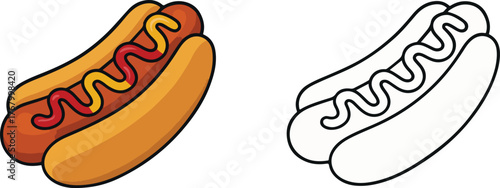 Cartoon hot dog illustration and coloring page line art isolated on white background