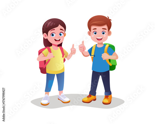 3d Happy cartoon boy and girl with backpacks giving thumbs up isolated on transparent background
