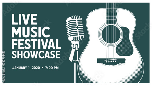 Retro live music festival poster with vintage microphone and acoustic guitar illustration on dark teal background