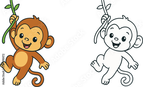 Photography Cute happy baby monkey cartoon illustration swinging on a vine isolated on white