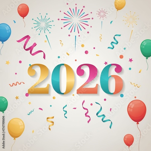 Festive 2026 New Year celebration design featuring colorful balloons confetti and fireworks perfect for holiday greetings and event prom