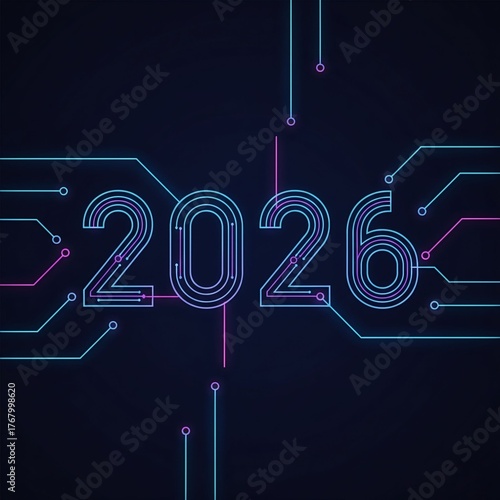 Glowing neon 2026 number with circuit board lines futuristic technology design for new year celebrations isolated on dark background