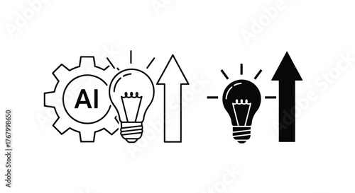 Two icons representing ai and ideas, one with a gear and lightbulb, the other with a lightbulb and upward arrow