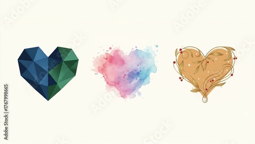 Set of three decorative heart illustrations geometric watercolor and floral designs perfect for Valentines Day and romantic themes