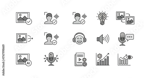 Collection of icons representing artificial intelligence, machine learning, and data analysis, including face recognition, audio processing, and charts