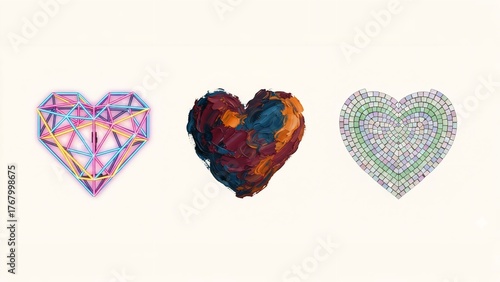 Three unique heart illustrations each with a different artistic style perfect for Valentines Day or expressing love and affection