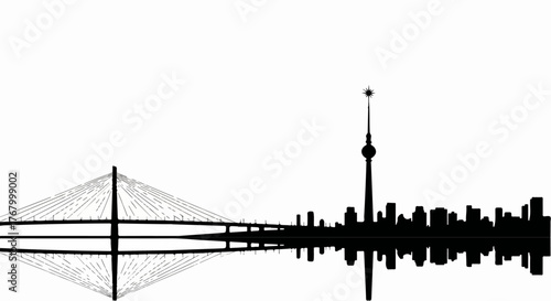 City skyline with bridge reflection minimalist vector line art illustration.