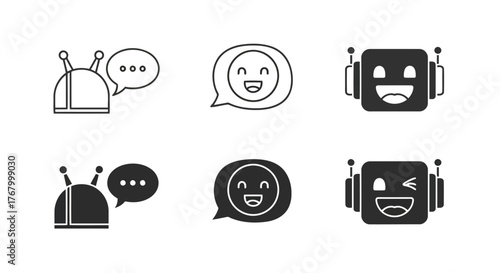 Set of icons representing communication and artificial intelligence, including robots and speech bubbles